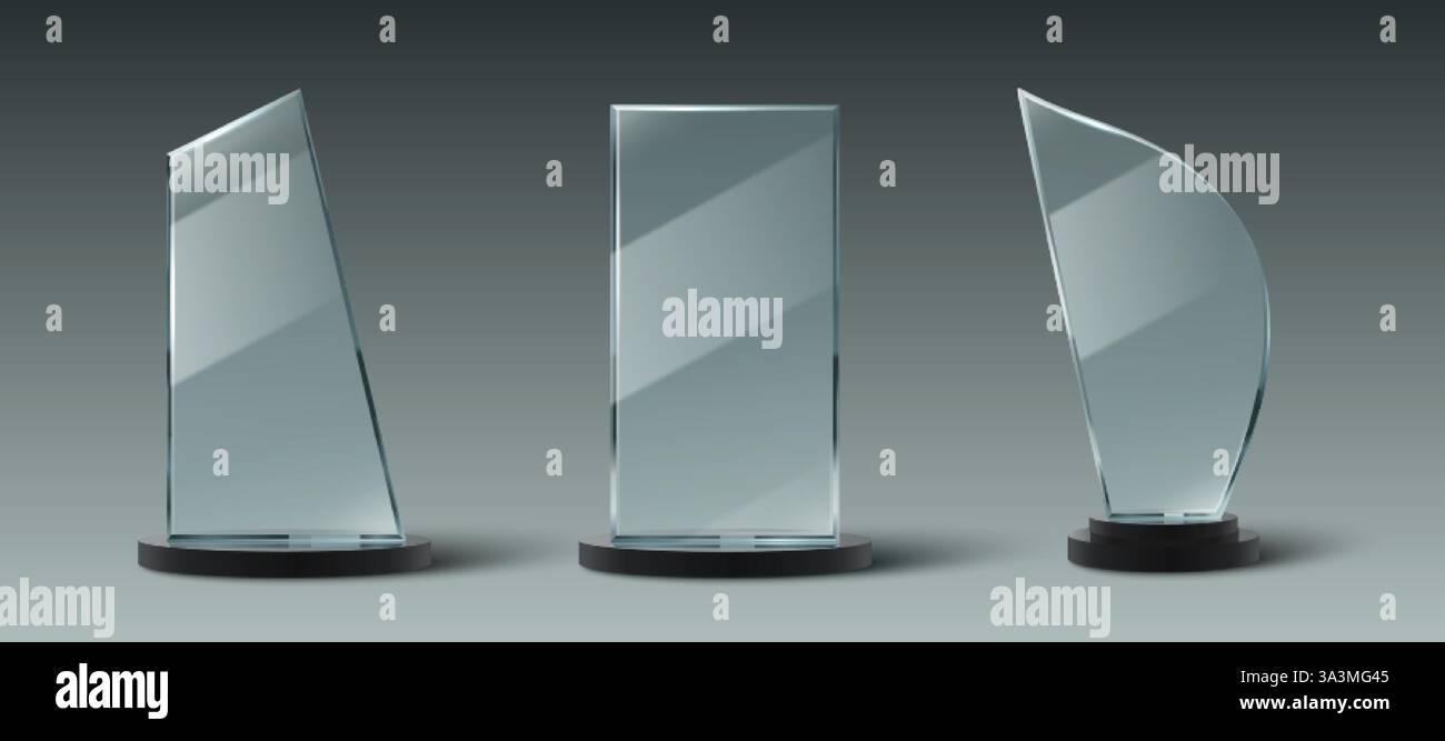 Collection de trophées en verre avec des récompenses transparentes, des pieds de base noirs, des formes géométriques minimalistes. Prix réalistes en acrylique de cristal 3D pour ach d'entreprise Illustration de Vecteur