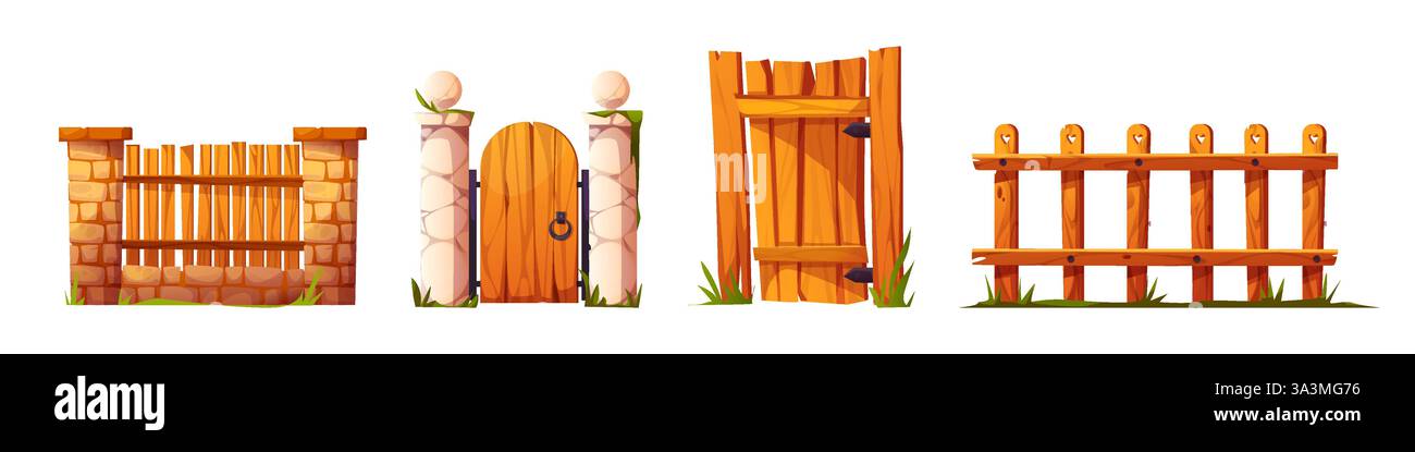 Portail de dessin animé et clôture avec portes et barrières en bois - conceptions d'entrée rustiques dans un style campagnard avec des piliers en pierre et des éléments décoratifs. Garde Illustration de Vecteur