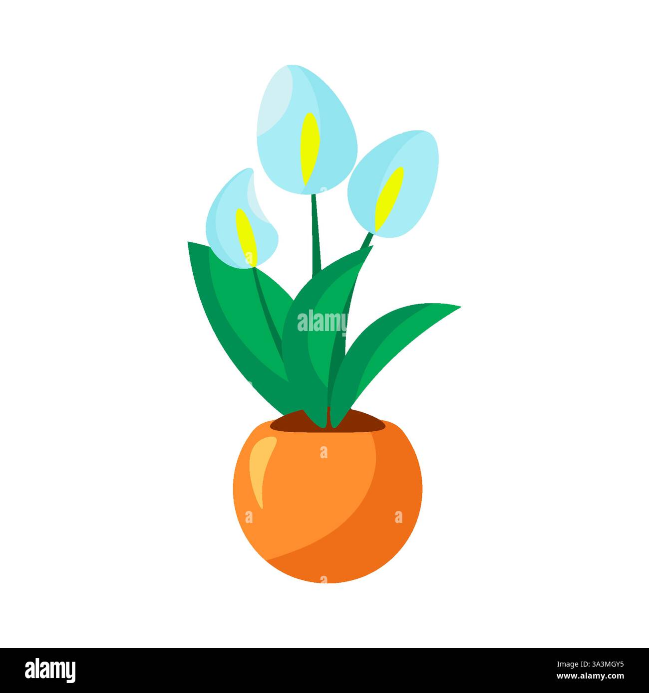 Pot de fleurs avec des fleurs bleues et des feuilles vertes dans un pot orange. Objet végétal vecteur isolé sur blanc Illustration de Vecteur