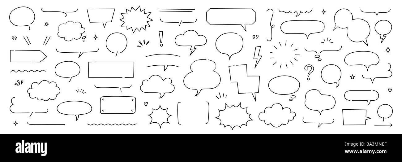 Jeu de bulles de texte de ligne. Cadre de conversation à bulles de conversation à motif de ballon de ligne. Ballon de dialogue de texte d'arrière-plan de style Comic japan, nuage de doodle simple, bordure de boîte. Illustration vectorielle Illustration de Vecteur