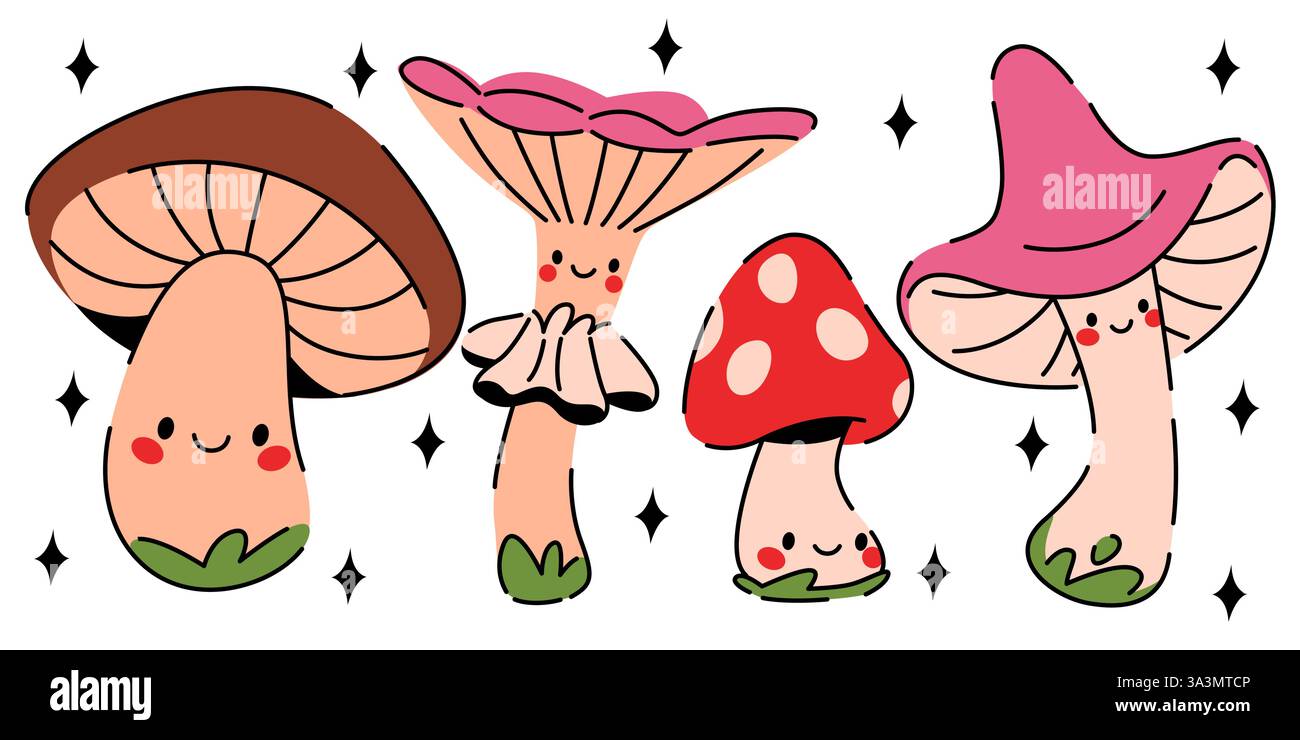 Pack mascotte de personnages de champignons mignons - adorable tabouret rose, châtaigne bolete, mouche écarlate agarique dessins animés se tiennent sur l'herbe verte. Émoticônes de champignons fantaisistes pour la conception décorative des enfants. Illustration de Vecteur