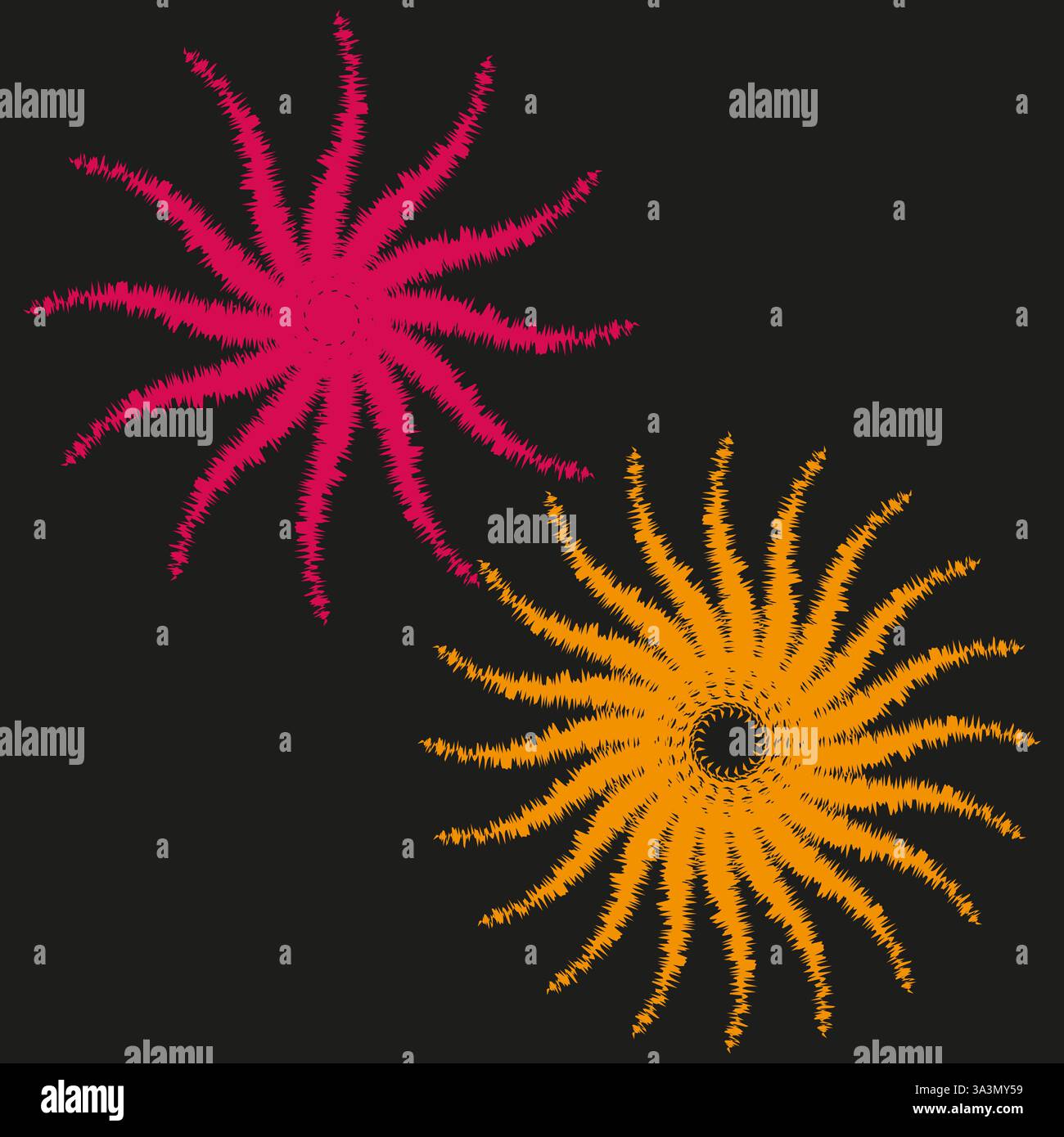 Éclats en spirale vibrants. Fusées roses orange. Fond noir abstrait. Affichage festif vectoriel. Illustration de Vecteur