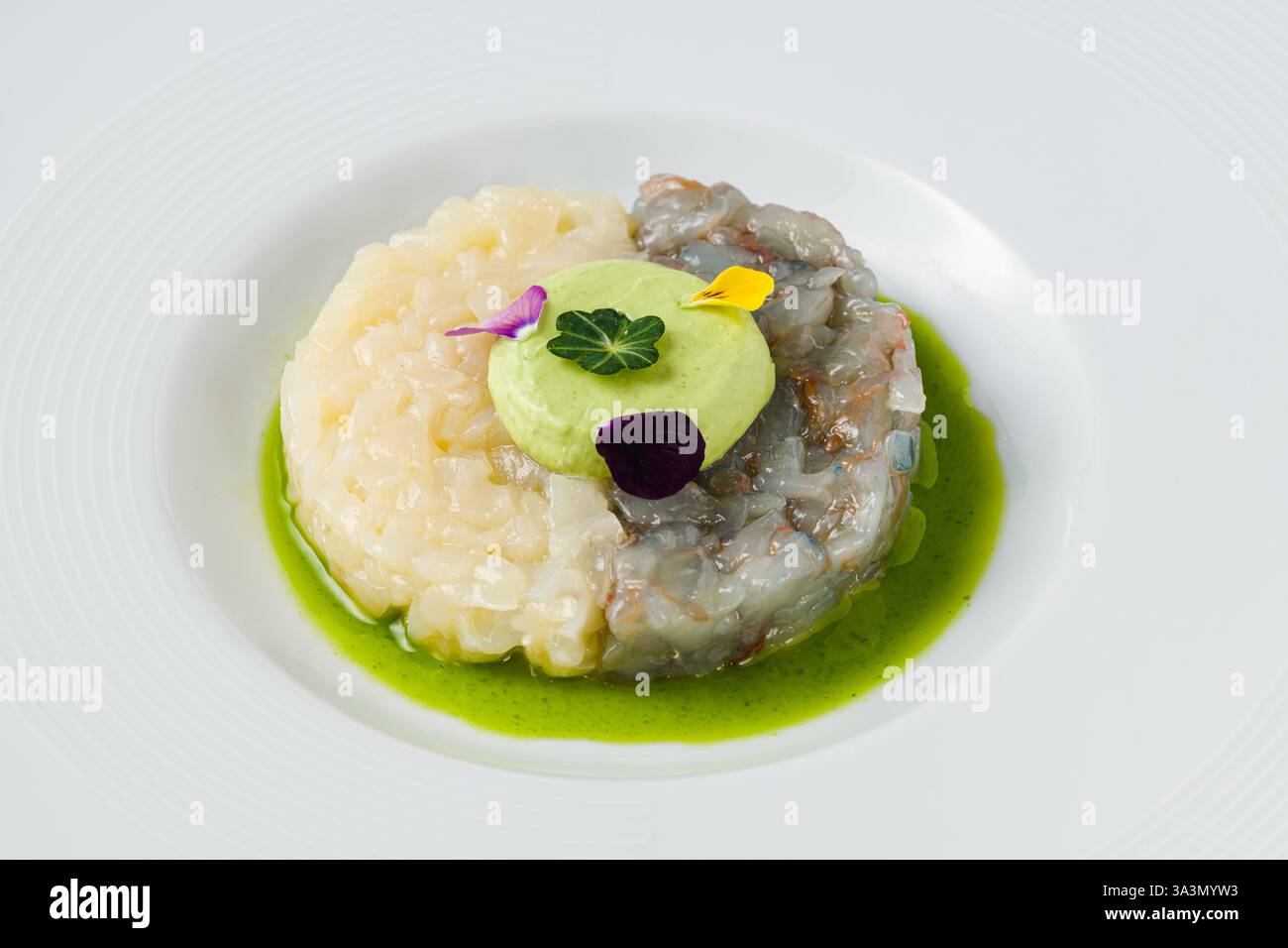 Tartare gourmand de crevettes et de poisson blanc avec mousse d'avocat, fleurs comestibles et sauce verte, servi dans une assiette blanche Banque D'Images