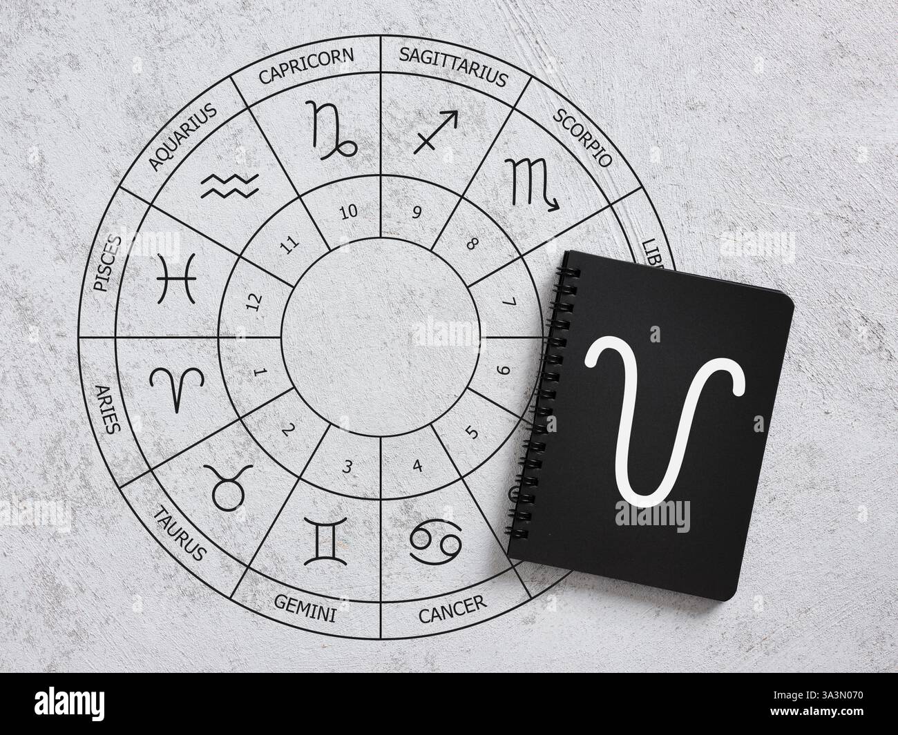 Roue du zodiaque avec signes astrologiques et carnet affichant le symbole du Bélier, offrant un aperçu de l'astrologie et de l'horoscope Banque D'Images