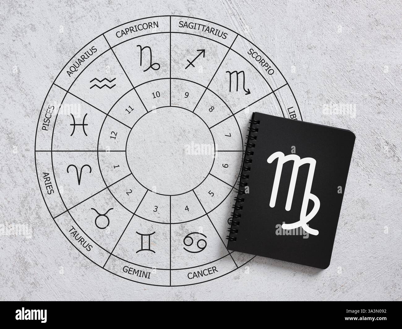 Signe du zodiaque Vierge sur carnet noir placé sur fond gris avec roue du zodiaque représentant l'astrologie, l'horoscope et les prévisions Banque D'Images