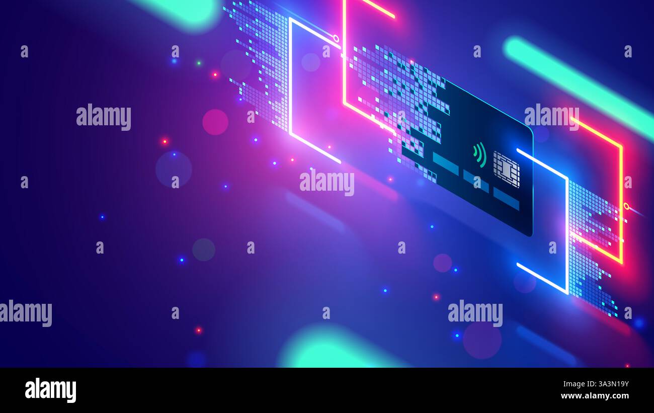 Carte bancaire numérique virtuelle. Carte bancaire à concept isométrique pour payer en ligne. Transaction de sécurité de paiement en ligne par carte de crédit. Payer les achats Illustration de Vecteur