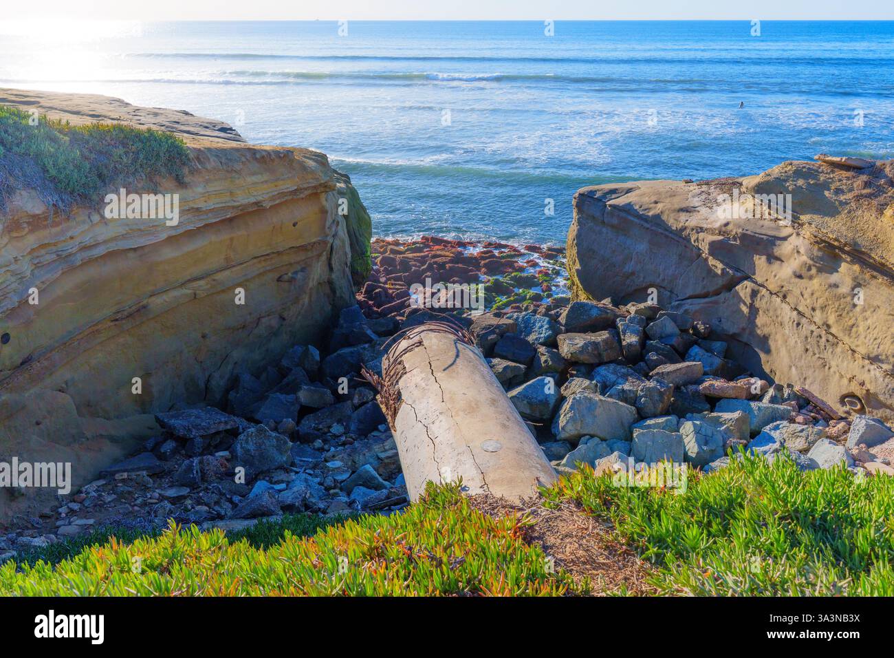 Scène côtière rocheuse avec un tuyau en béton exposé entouré de pierres et de verdure luxuriante, capturé à San Diego, en Californie pendant le Hou doré Banque D'Images