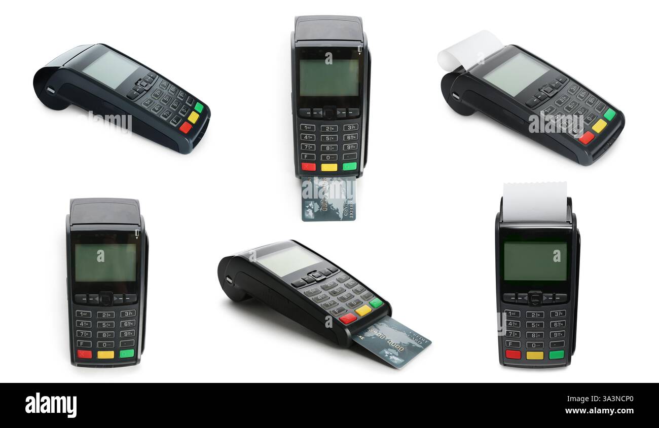 Terminal de paiement, chèque papier et carte plastique isolé sur blanc, set Banque D'Images