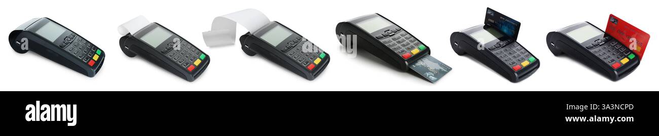 Terminal de paiement, chèque papier et cartes plastiques isolés sur blanc, set Banque D'Images