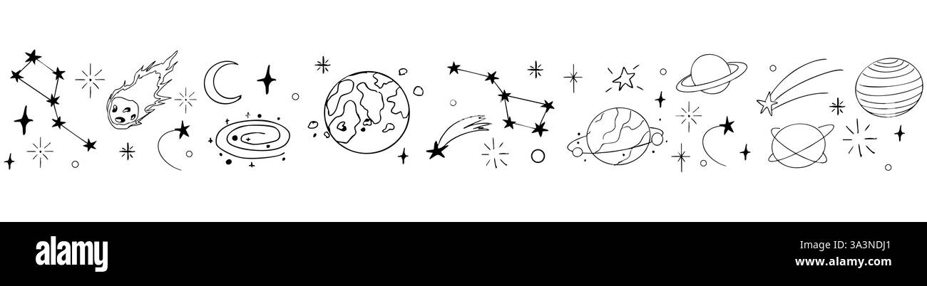 Bordure céleste de doodle, diviseur de clignotement d'étoile tombante. Ornement dessiné à la main avec étoiles, planètes, météorite et lune. Décoration simple et magique Space. Illustration vectorielle Illustration de Vecteur