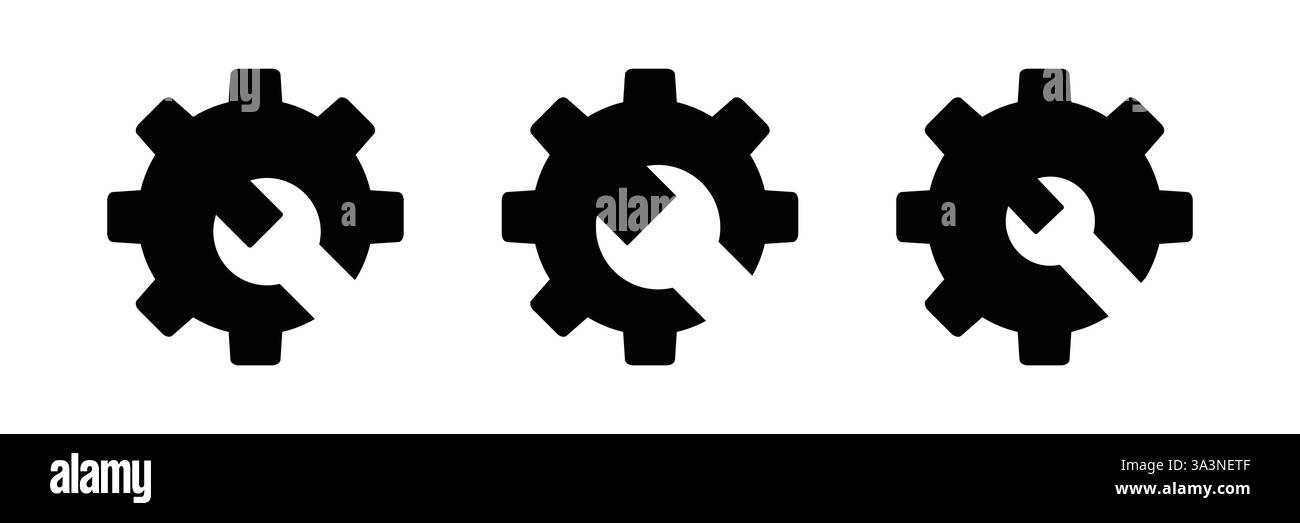 Icône vecteur noir engrenage avec clé. Symbole roue dentée et clé. Illustration de Vecteur