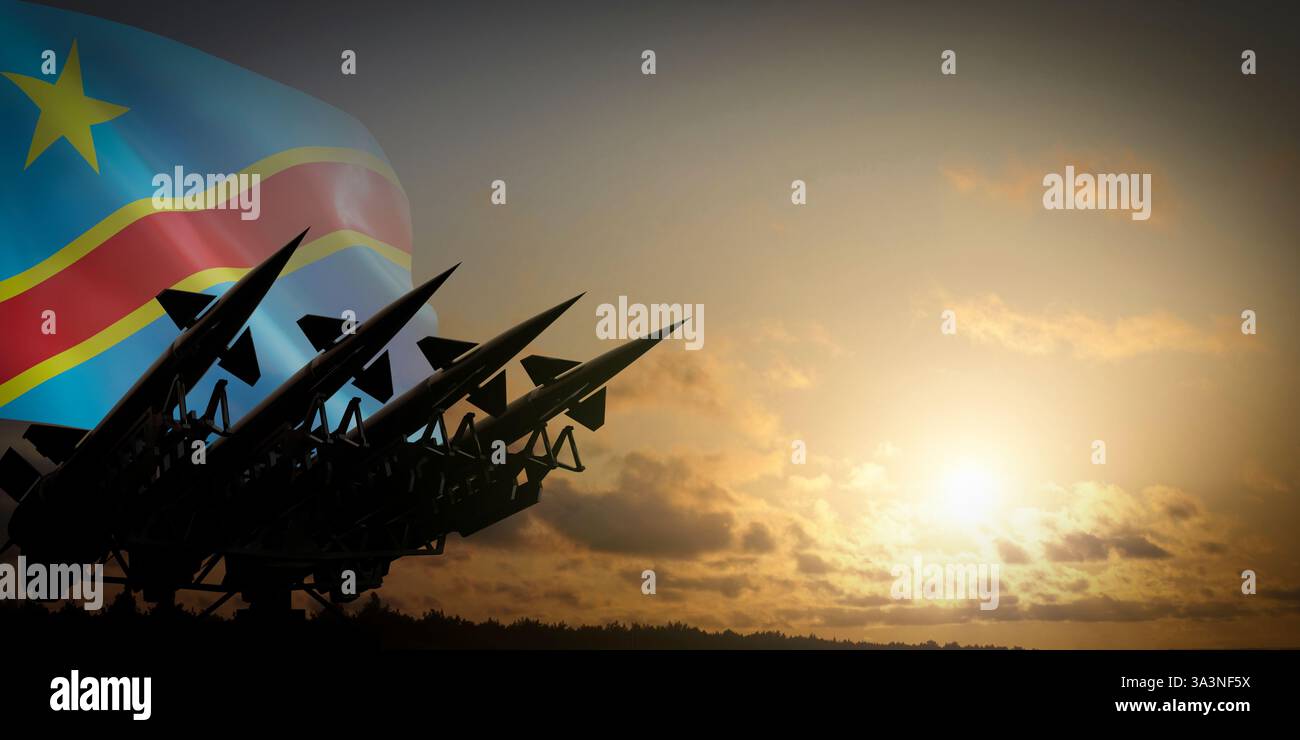 Drapeau de la République démocratique du Congo et missiles - concept de défense - illustration 3D. Banque D'Images