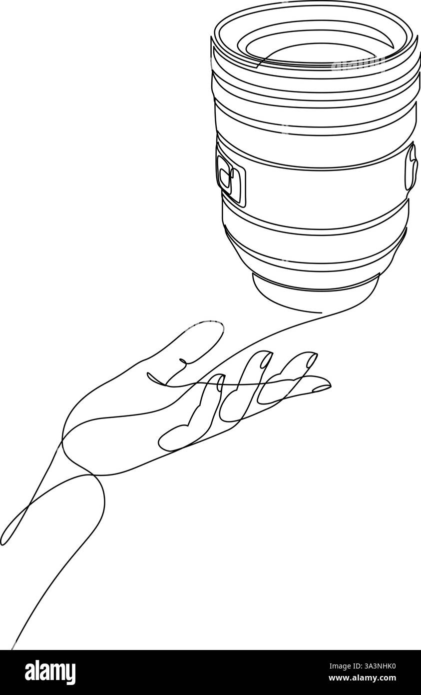 Dessin au trait continu de l'objectif d'une caméra tenant une main humaine. Symbole de concept de magasin d'équipement photo dessiné par une seule ligne. Illustration vectorielle Illustration de Vecteur