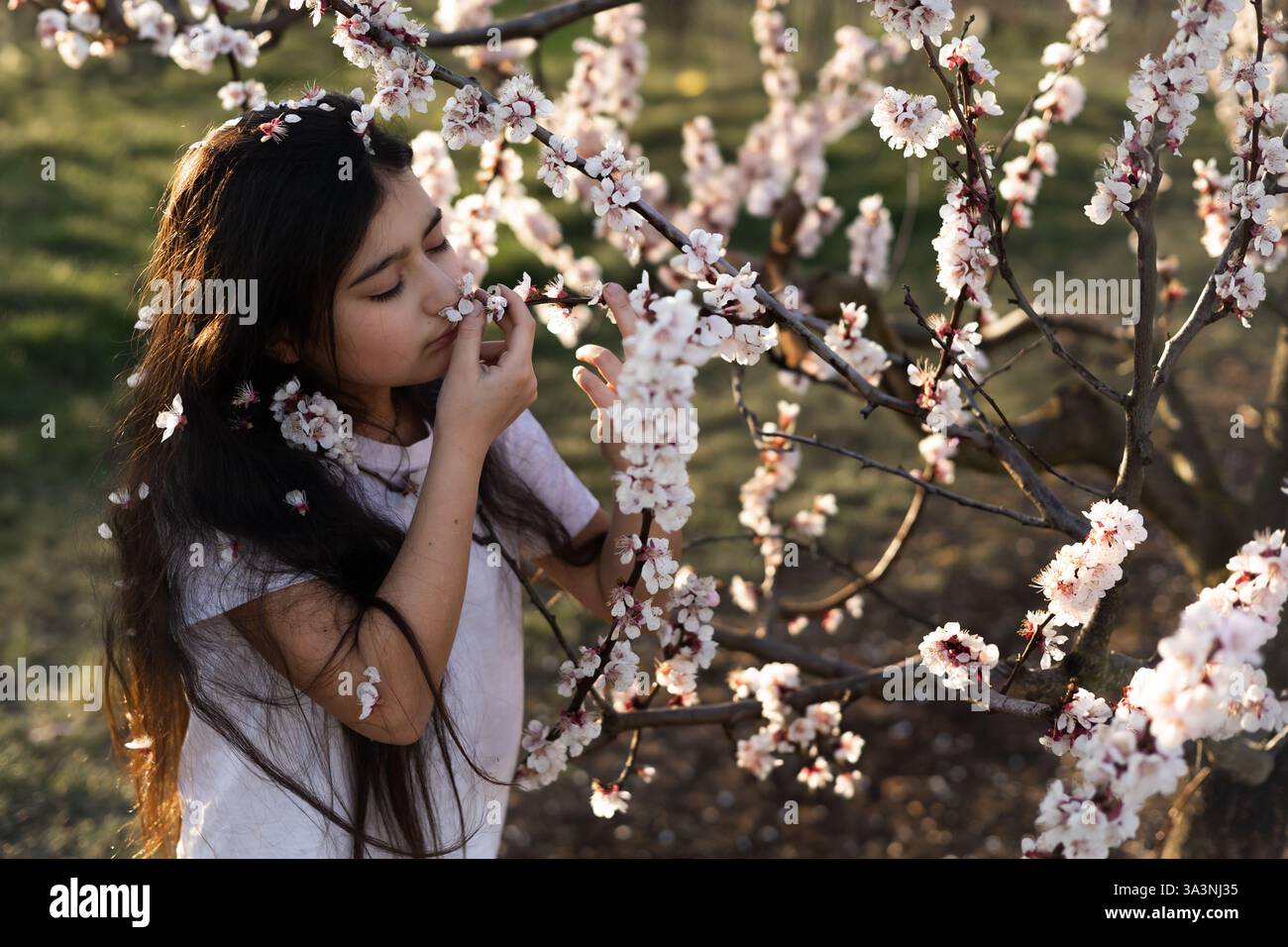 portraits d'adolescentes aux cheveux longs dans un jardin de cerisiers en fleurs Banque D'Images