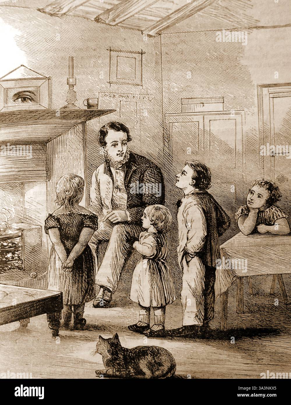 ALL SEEING EYE - Une gravure du XIXe siècle montrant une maison britannique où l'œil de Dieu tout voyant est affiché sur la cheminée comme une aide à la discipline et à l'éducation religieuse. 'Dieu voit tout' Banque D'Images