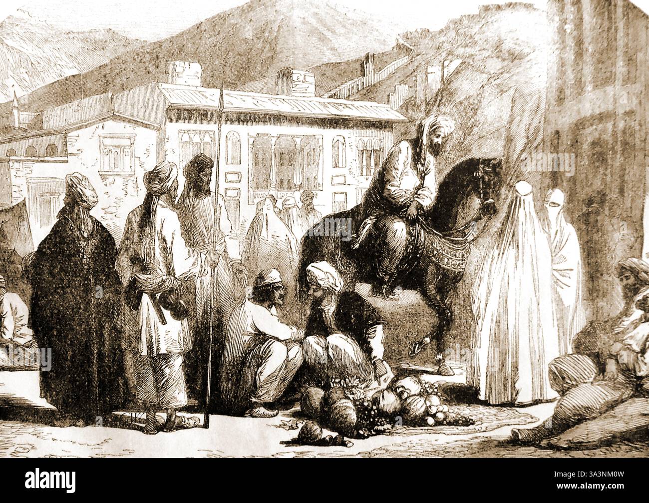 Gravure du XIXe siècle montrant une scène typique en Afghanistan Banque D'Images