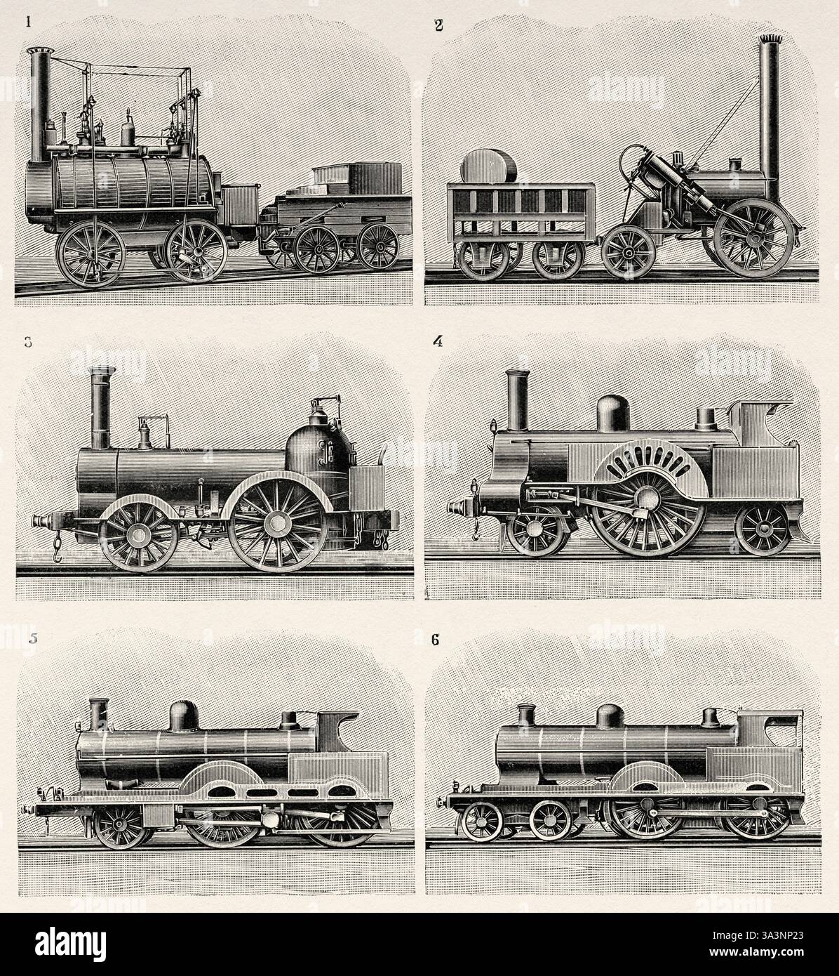 Transformations successives des locomotives de la London and North Western Railways. 1, la Locomotion No. 1 (initialement nommée Active) est une locomotive à vapeur construite en 1825. 2, The Rocket de George et Robert Stephenson. 3, Stephenson's 2-2-0 'Planet', un type de chaudière horizontale précoce. 4, locomotive no 379 Sedgwick. 5, locomotive à vapeur composée conçue par Francis Webb. Ancienne illustration gravée du XIXe siècle de la nature 1907 Banque D'Images