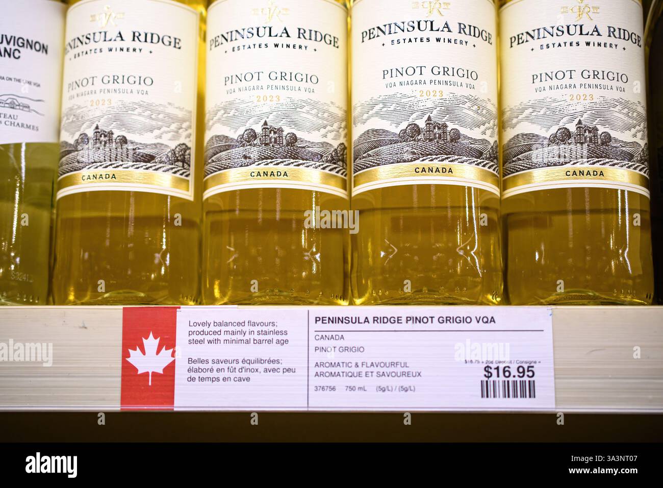 Bouteilles de vin canadien portant le symbole Maple Leaf sur une étagère dans un magasin de la LCBO, au milieu d'un mouvement de boycott continu des produits américains dû à Banque D'Images