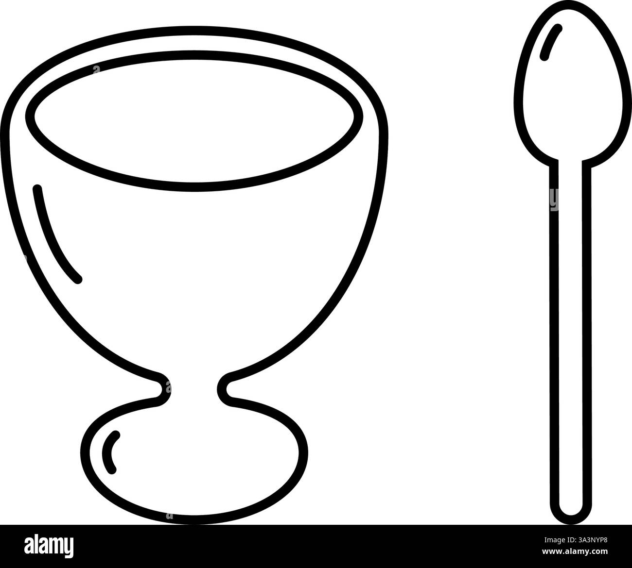 Contour bol à oeufs et cuillère stylisé dispositif de petit-déjeuner linéaire pictogramme alimentaire autocollant icône élément idée. Illustration vectorielle isolée cartes thématiques, affiche ou bannière promotionnelle web, dépliants, supports imprimés Illustration de Vecteur