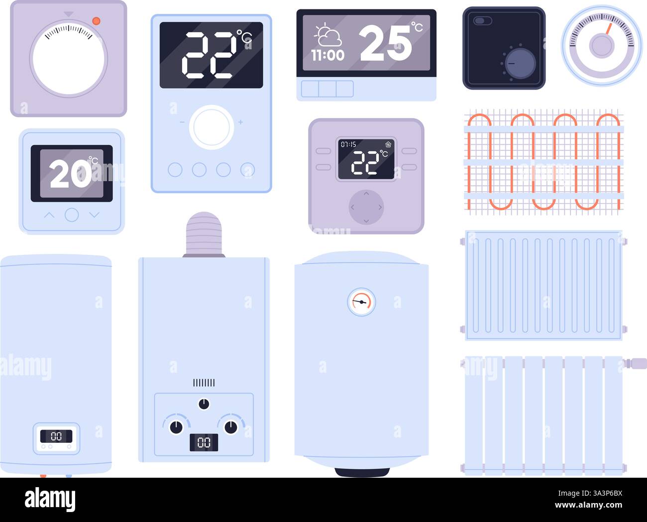Thermostat et systèmes de chauffage. Maisons radiateurs électriques et à gaz, chaudières. Thermostats intelligents isolés pour une température confortable, vecteur racy Illustration de Vecteur