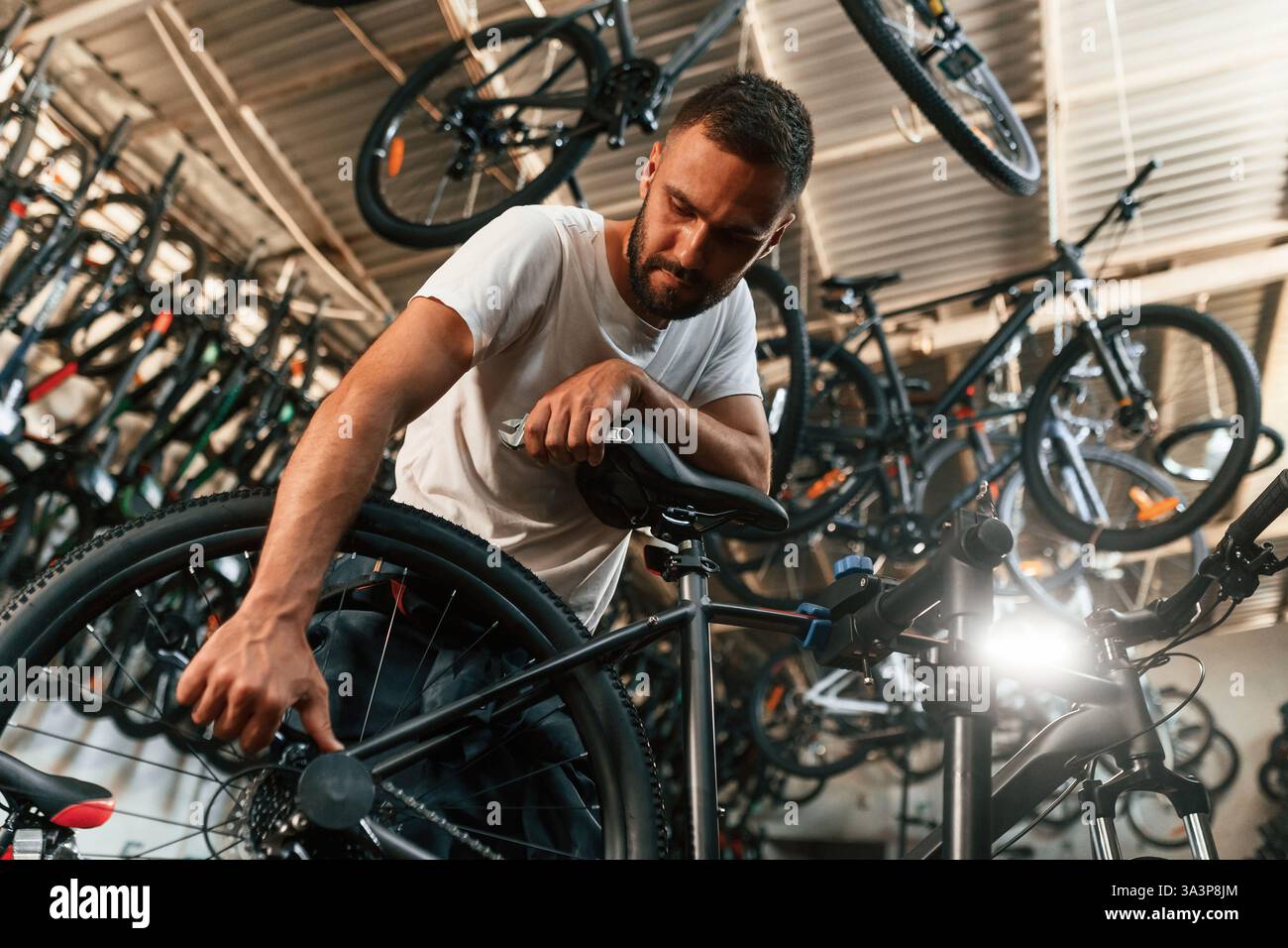 Réglages finaux. Réparateur homme dans le magasin de vélos, travaillant dans le magasin. Banque D'Images