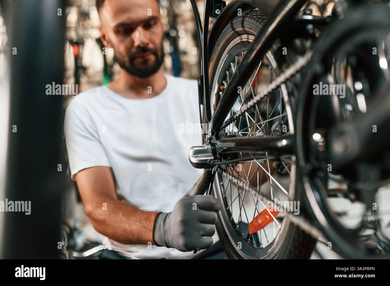 Réglages finaux. Réparateur homme dans le magasin de vélos, travaillant dans le magasin. Banque D'Images
