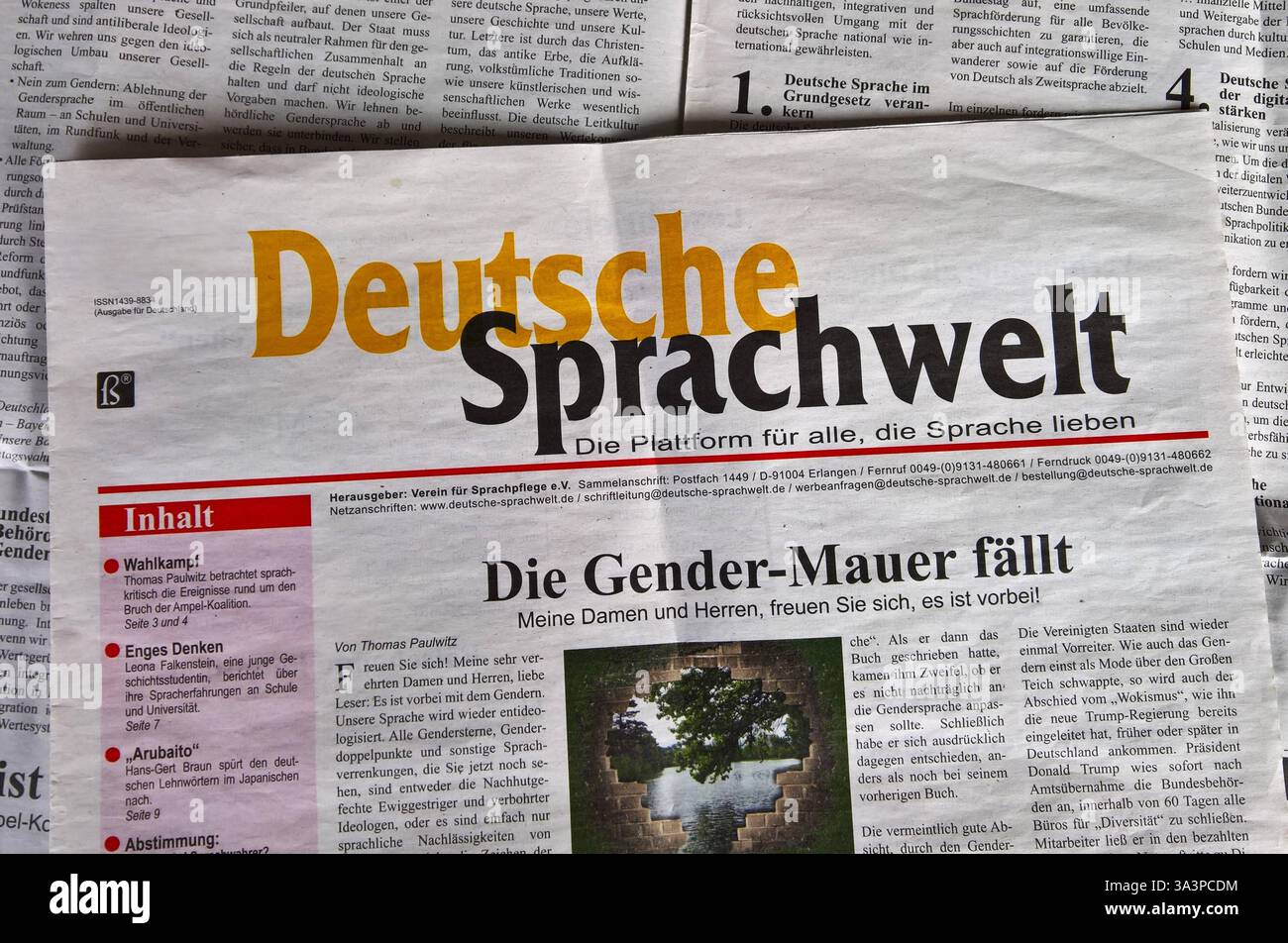 Deutsche Sprachwelt, Zeitung vom Verein für Deutsche Sprachpflege eV. Die DSW tritt für die Erhaltung einer lebendigen deutschen Sprache ein ein und fordert allgemein bissere Verständlichkeit in der Sprache. Besonders wendet sie sich gegen den übertriebenen Gebrauch von Anglizismen, gegen das Gendern, sowie für die Erhaltung der Schreibschrift und gegen die Rechtschreibreform *** Deutsche Sprachwelt, journal du Verein für Deutsche Sprachpflege eV le DSW préconise la préservation d'une langue allemande vivante et appelle à une meilleure compréhension générale dans la langue en particulier, il o Banque D'Images