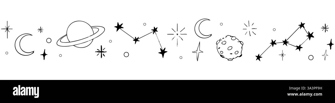 Bordure céleste de doodle, diviseur de clignotement d'étoile tombante. Ornement dessiné à la main avec étoiles, planètes, météorite et lune. Décoration simple et magique Space. Illustration vectorielle Illustration de Vecteur