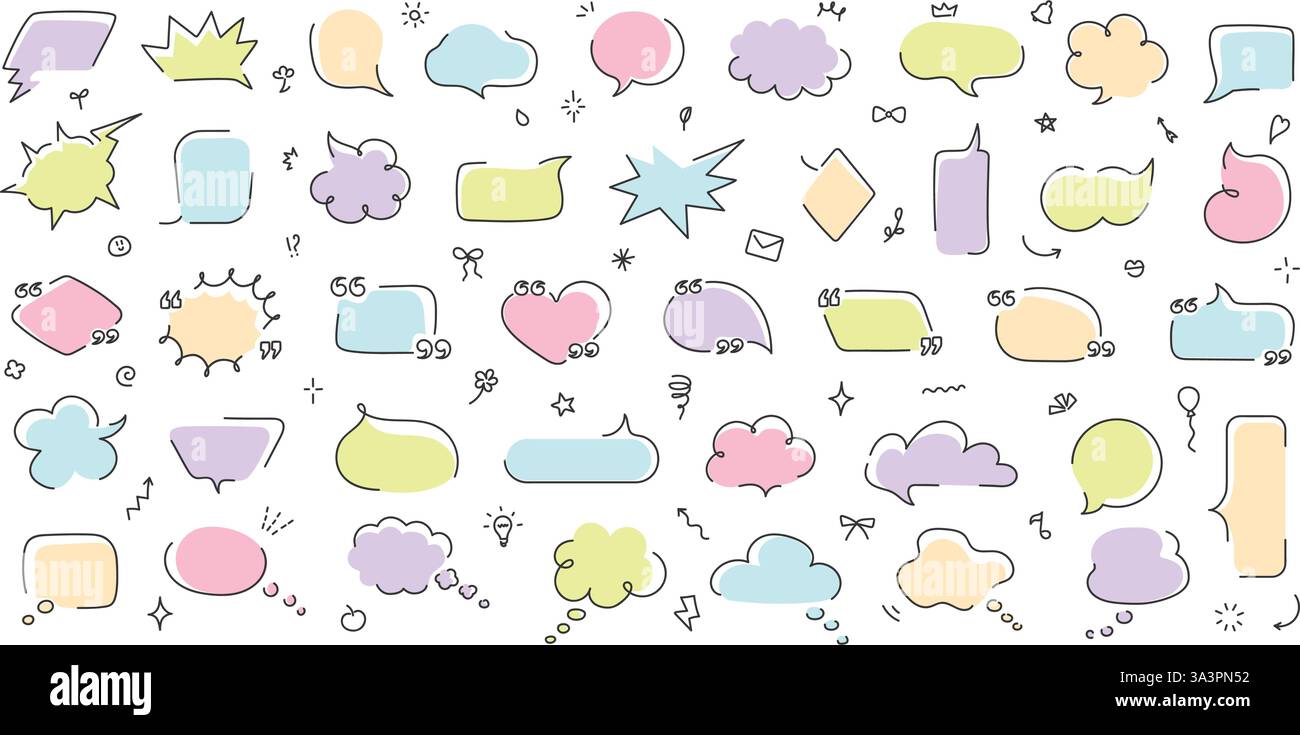 Bulles de parole en ligne lâche. Boîtes de citation, bulle de pensée, nuages de texte de pensée et formes de cadre de message griffonner. Modèles de devis vierges, main mignonne Illustration de Vecteur