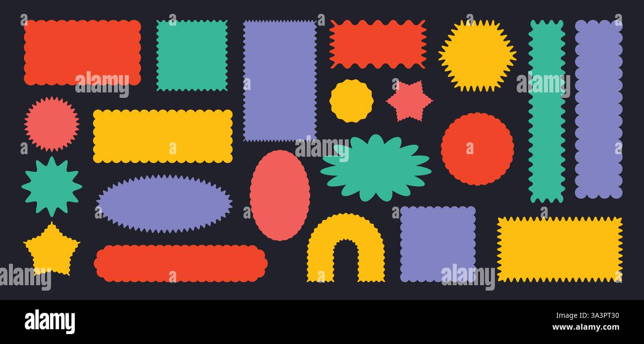 Formes échancrées abstraites. Grincez les cadres d'autocollants, les étiquettes de prix dentelées, les étiquettes vierges aux bords ondulés. Zone de texte à bordure ondulée, timbre-poste et Starburst Illustration de Vecteur