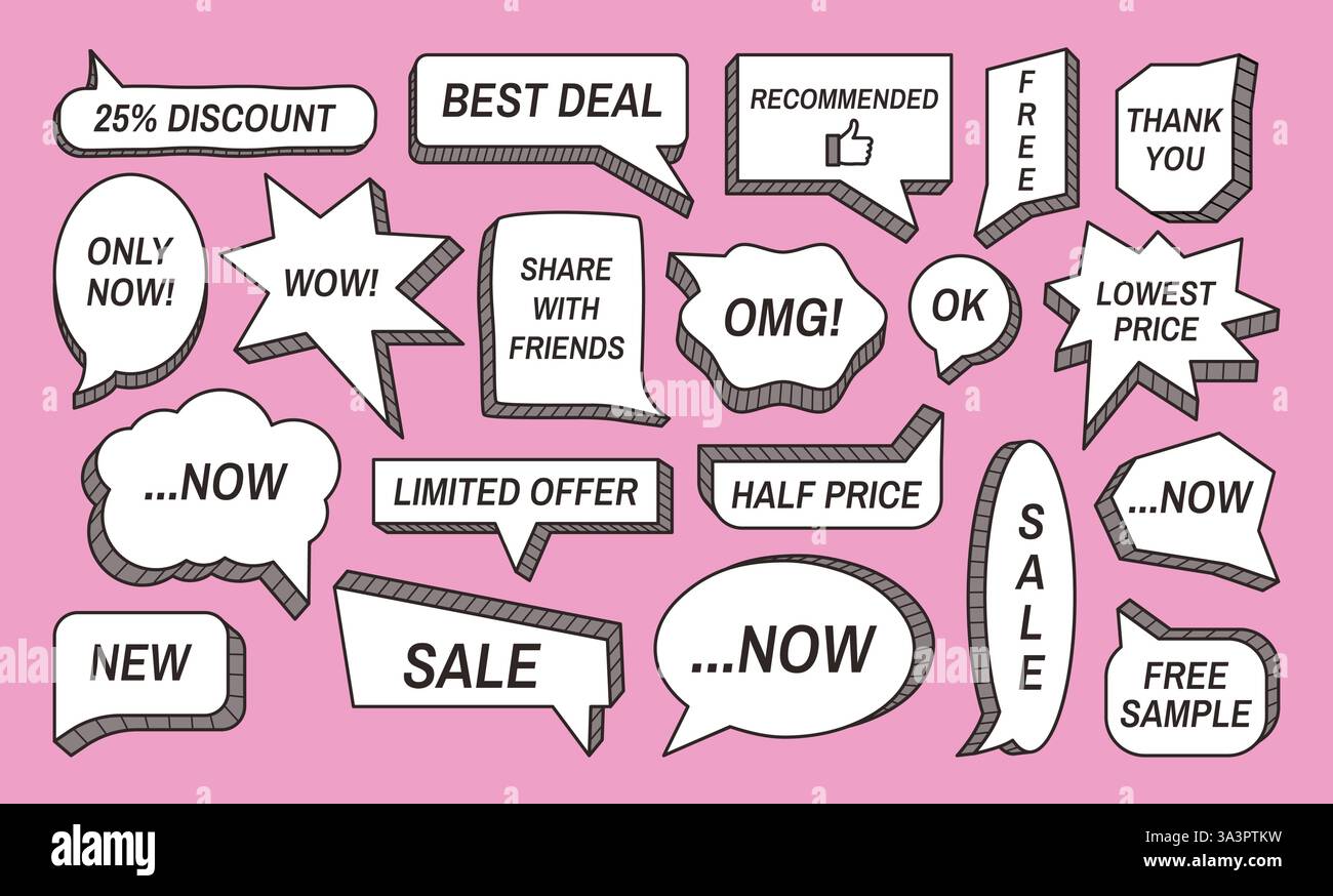 Vente de cadres à bulles de discours. Formes de ballon de texte comique avec bordure d'extrusion 3D, phrases de promotion de vente, rabais et meilleures offres. Bulles de boîte de dialogue Illustration de Vecteur