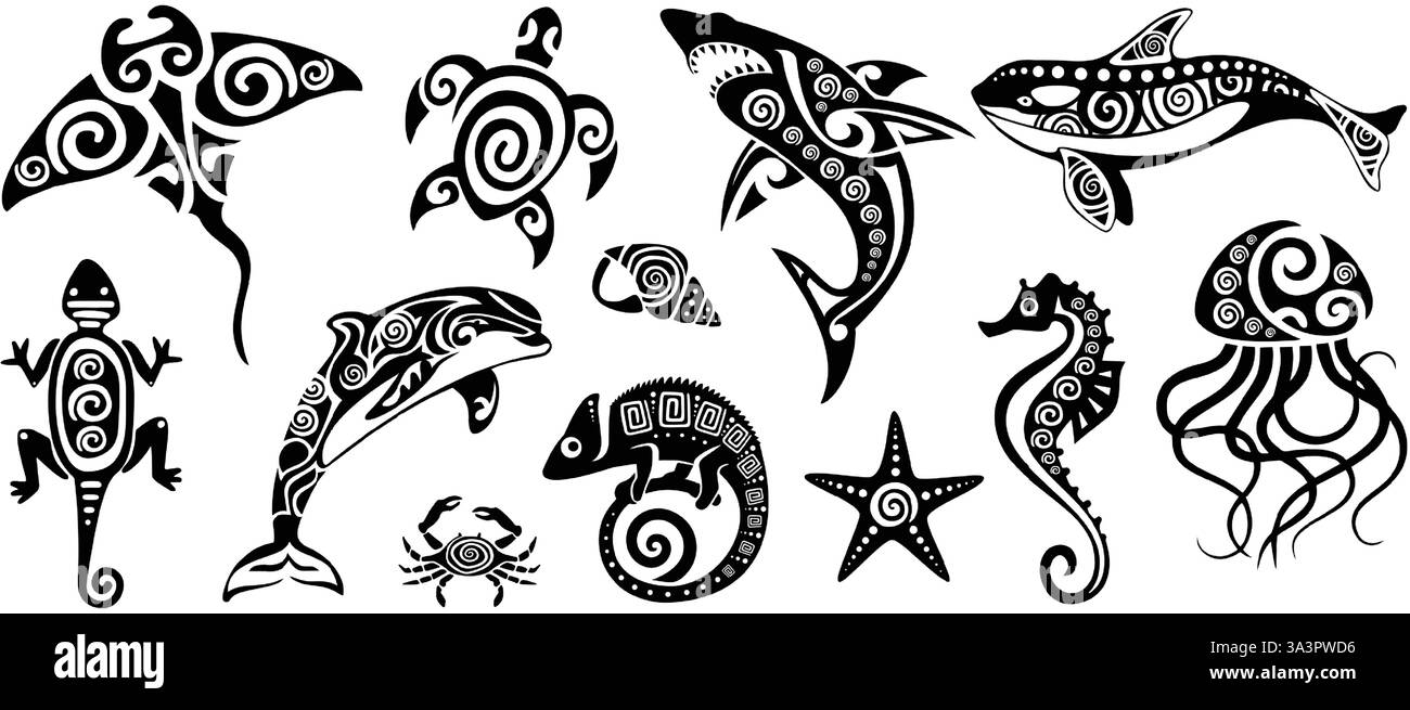 Tatouages d'animaux tribaux polynésiens. Créatures océaniques de style maori comme raie, tortue de mer, requin, baleine, dauphin, crabe, étoile de mer, hippocampe et méduses Illustration de Vecteur