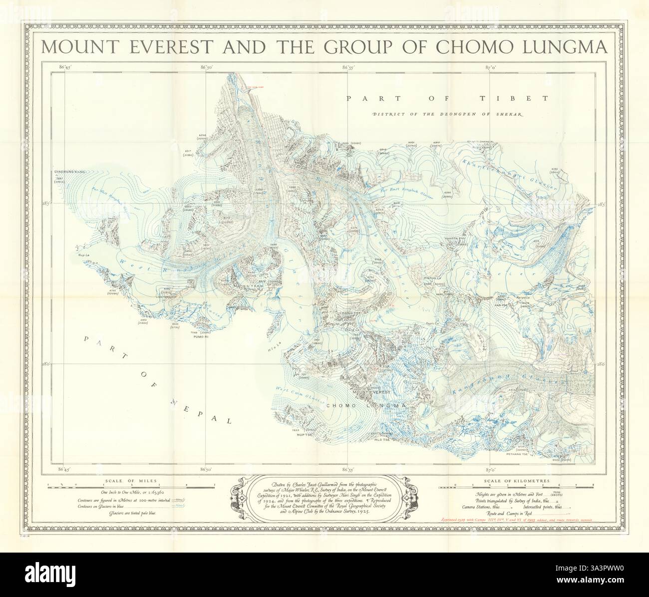 Le Mont Everest et le Groupe de Chomo Lungma. 1933 carte de l'expédition 1934 ancienne Banque D'Images