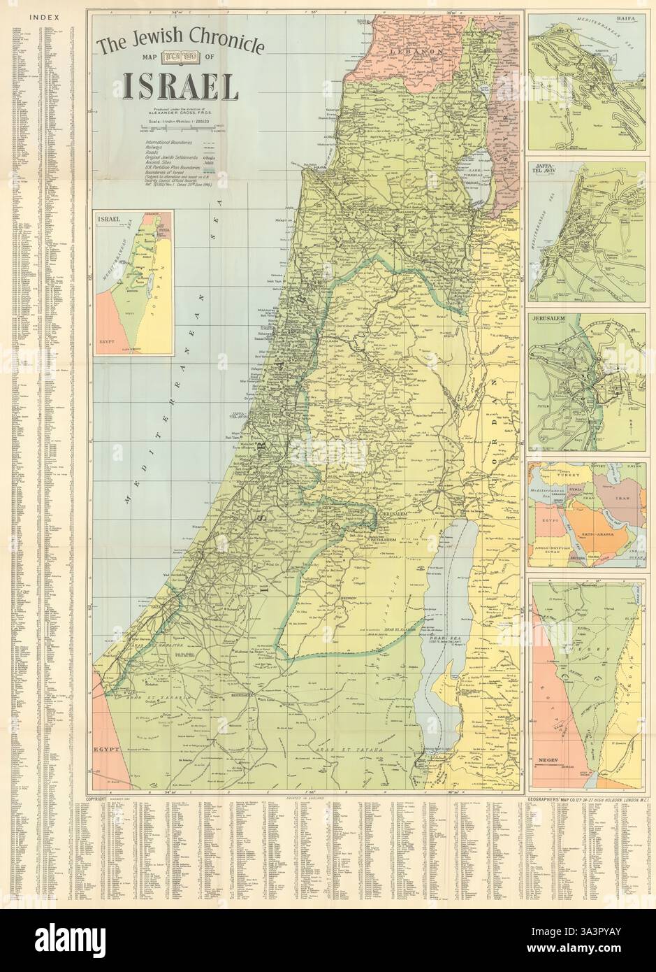 Chronique juive carte d'Israël montrant ses frontières initiales post-armistice 1949 Banque D'Images