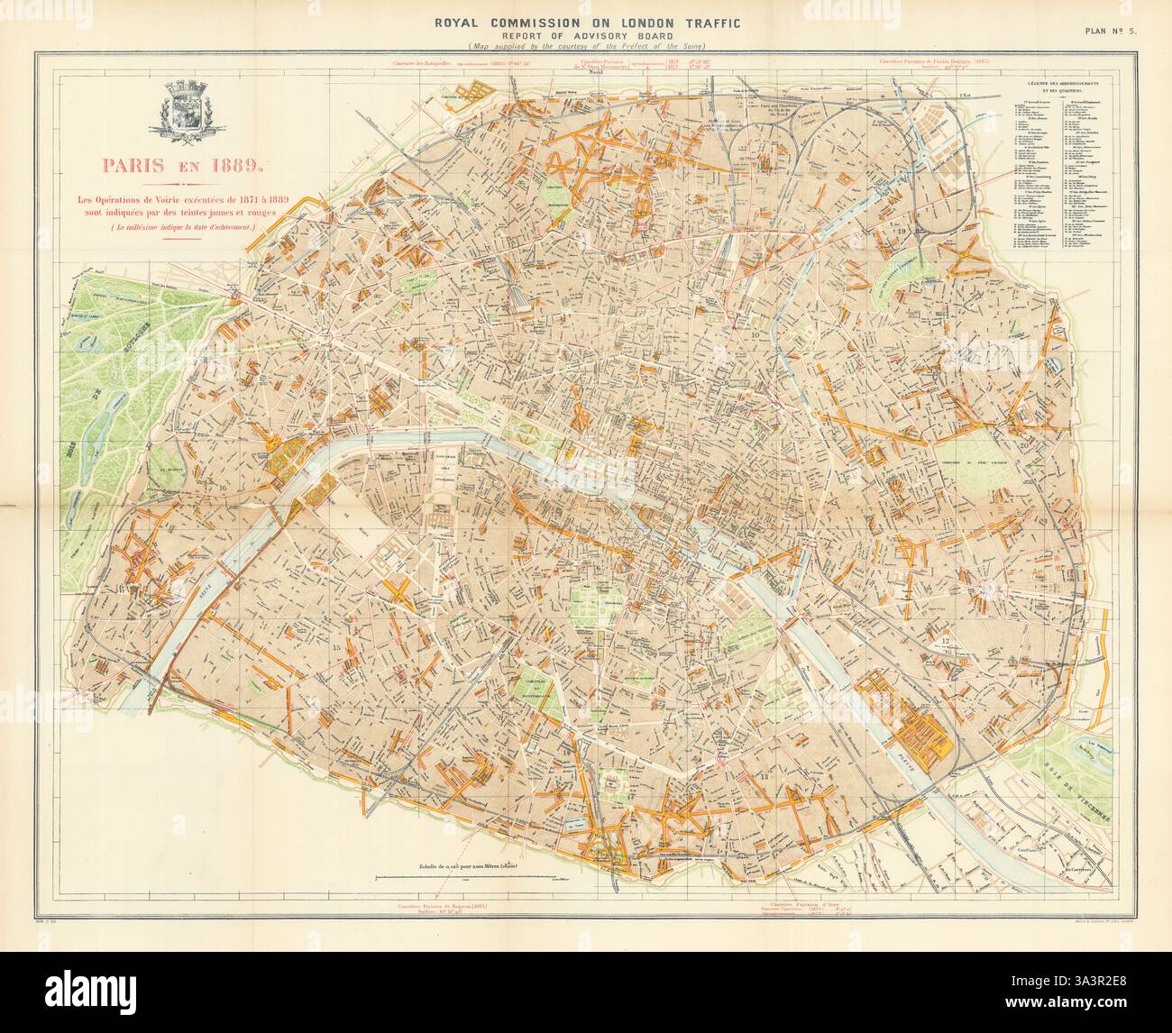 Paris montrant 1871-1889 réalignements boulevard/rue post-Haussmann carte 1905 Banque D'Images