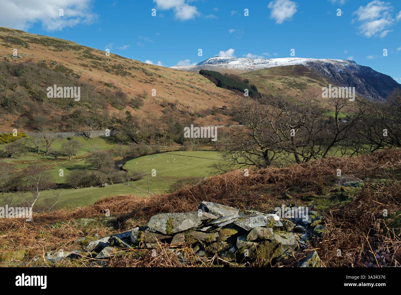 La chaîne de montagnes Carneddau se trouve à Snowdonia, au nord du pays de Galles. Le plus haut sommet observé est Carnedd Dafydd. On voit aussi la montagne Pen yr Ole Wen. Banque D'Images