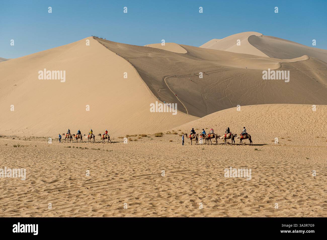 Les célèbres dunes chantantes du désert de Gobi à Dunhuang. Les dunes de sable de Mingsha à Dunhuang sur la route de la soie sont une attraction touristique majeure. Banque D'Images