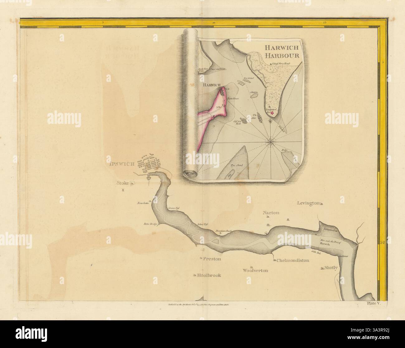 Harwich Harbour par Chapman/André. Essex/Suffolk #5 Ipswich River Orwell 1777 carte Banque D'Images