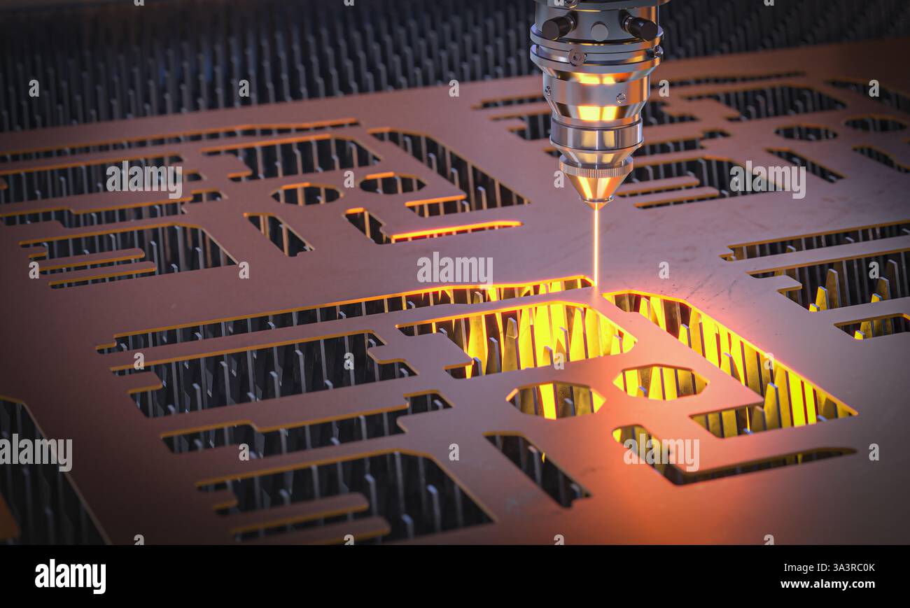 Découpeur laser industriel gravant la tôle métallique avec la haute précision 3D. Banque D'Images
