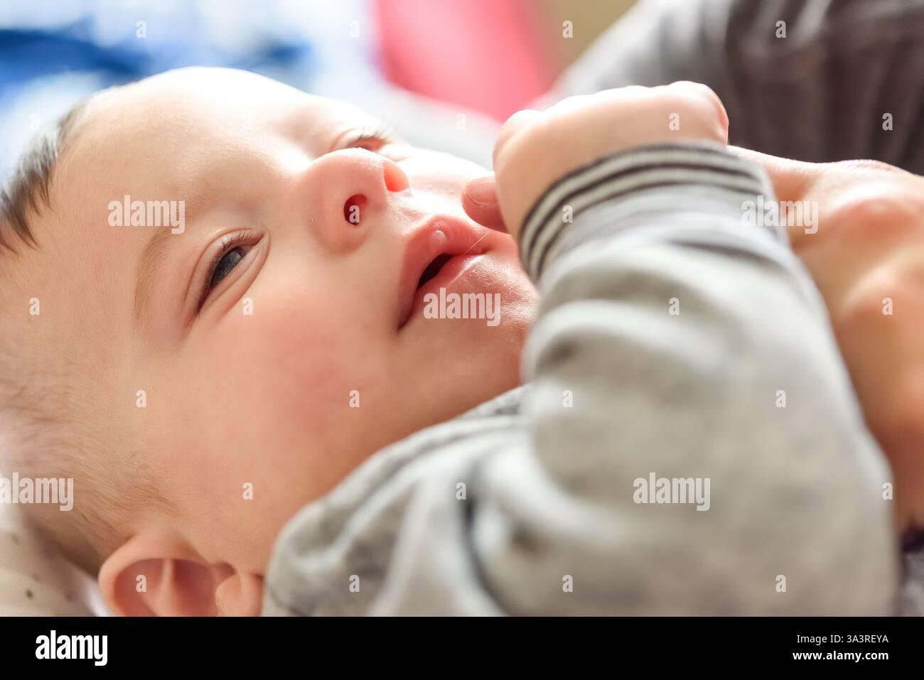 Bébé garçon allongé et tenant son doigt de mère Banque D'Images
