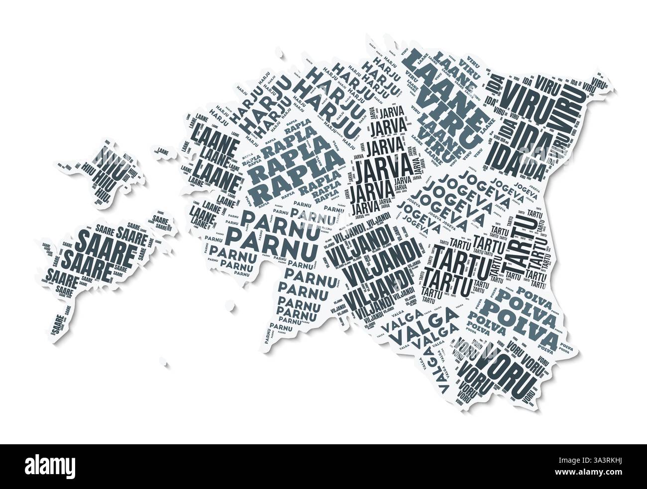 Nuage de texte de forme Estonie. Frontière de pays avec ombre sur fond blanc. Estonie avec division des régions dans le style vintage gazette. Illustration de Vecteur
