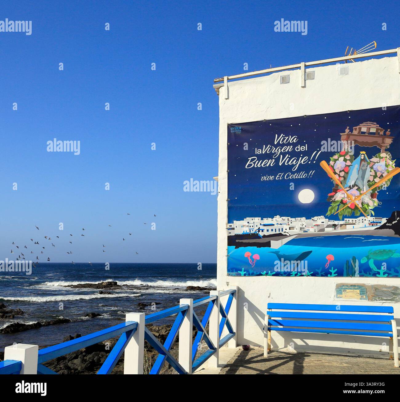 Grand panneau pour la Vierge du bon voyage - Viva la Virgen del Buen Viaje ! ! viva El Cotillo ! ! Fuerteventura, Îles Canaries, Espagne, Europe, UE Banque D'Images