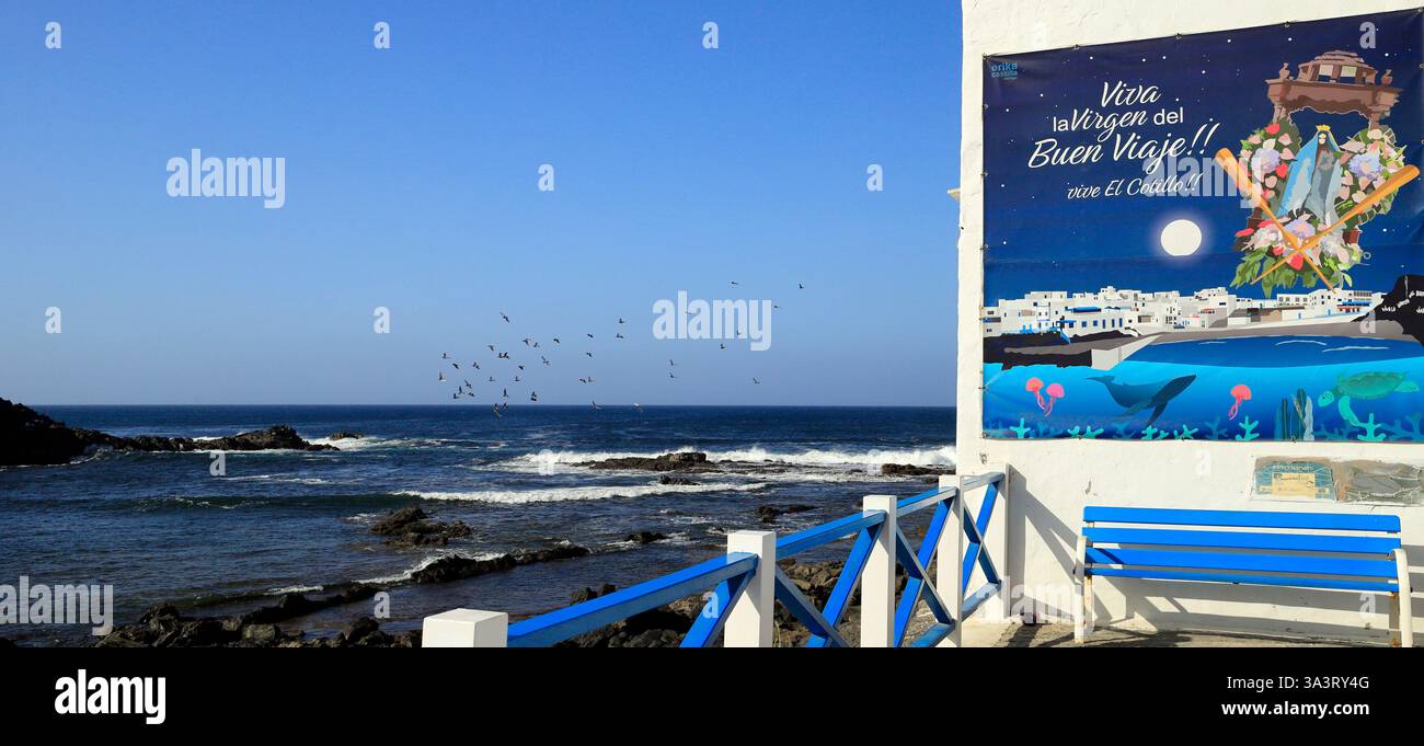 Grand panneau pour la Vierge du bon voyage - Viva la Virgen del Buen Viaje ! ! viva El Cotillo ! ! Fuerteventura, Îles Canaries, Espagne, Europe, UE Banque D'Images