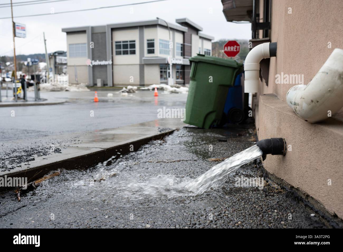 Beauceville, Canada. 13 septembre 2023. L’eau est pompée d’un sous-sol inondé à Beauceville, Que., le lundi 17 mars 2025. La rivière Chaudière a inondé la ville après un blocage de glace pendant la nuit. Crédit : la presse canadienne/Alamy Live News Banque D'Images