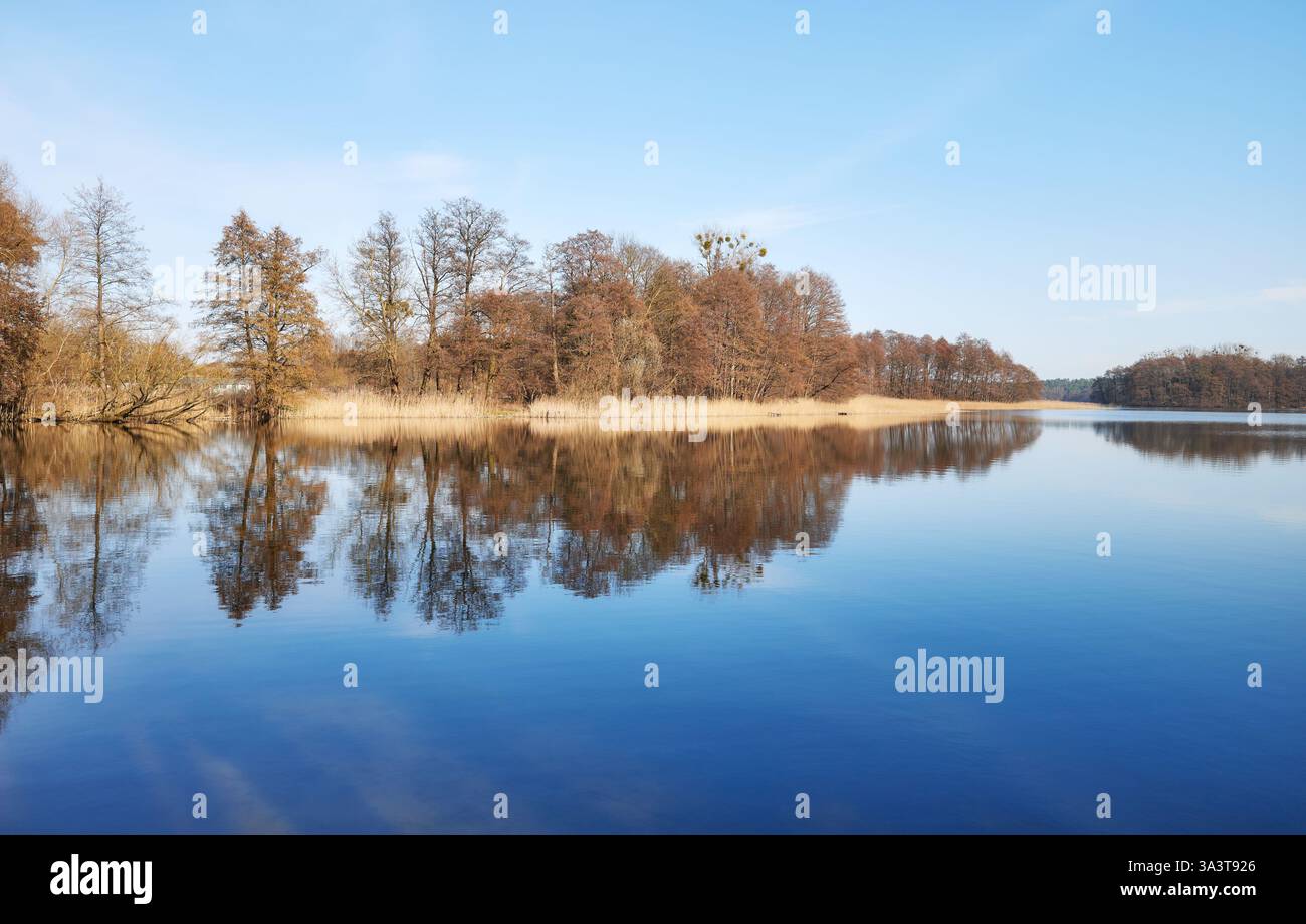 Vue panoramique symétrique du lac Barlinek, Voïvodie de Poméranie occidentale, Pologne. Banque D'Images