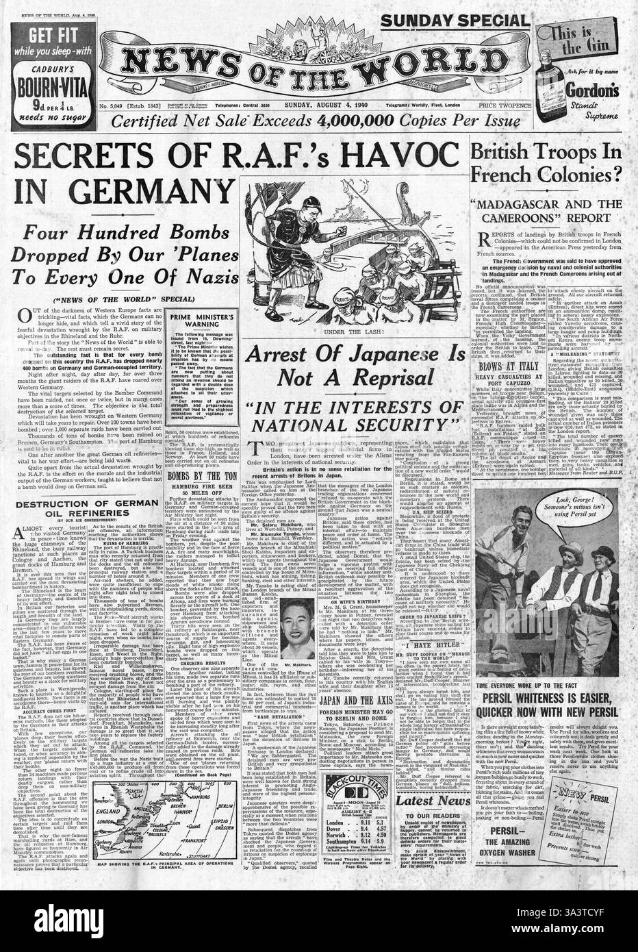 1940 front page News du monde RAF des raids de bombardement sur l'Allemagne Banque D'Images