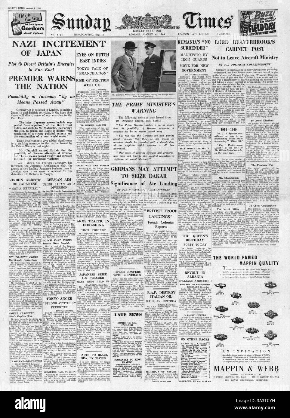 1940 front page Sunday Times Gouvernement allemand incite le Japon dans l'activité anti-Bretagne Banque D'Images