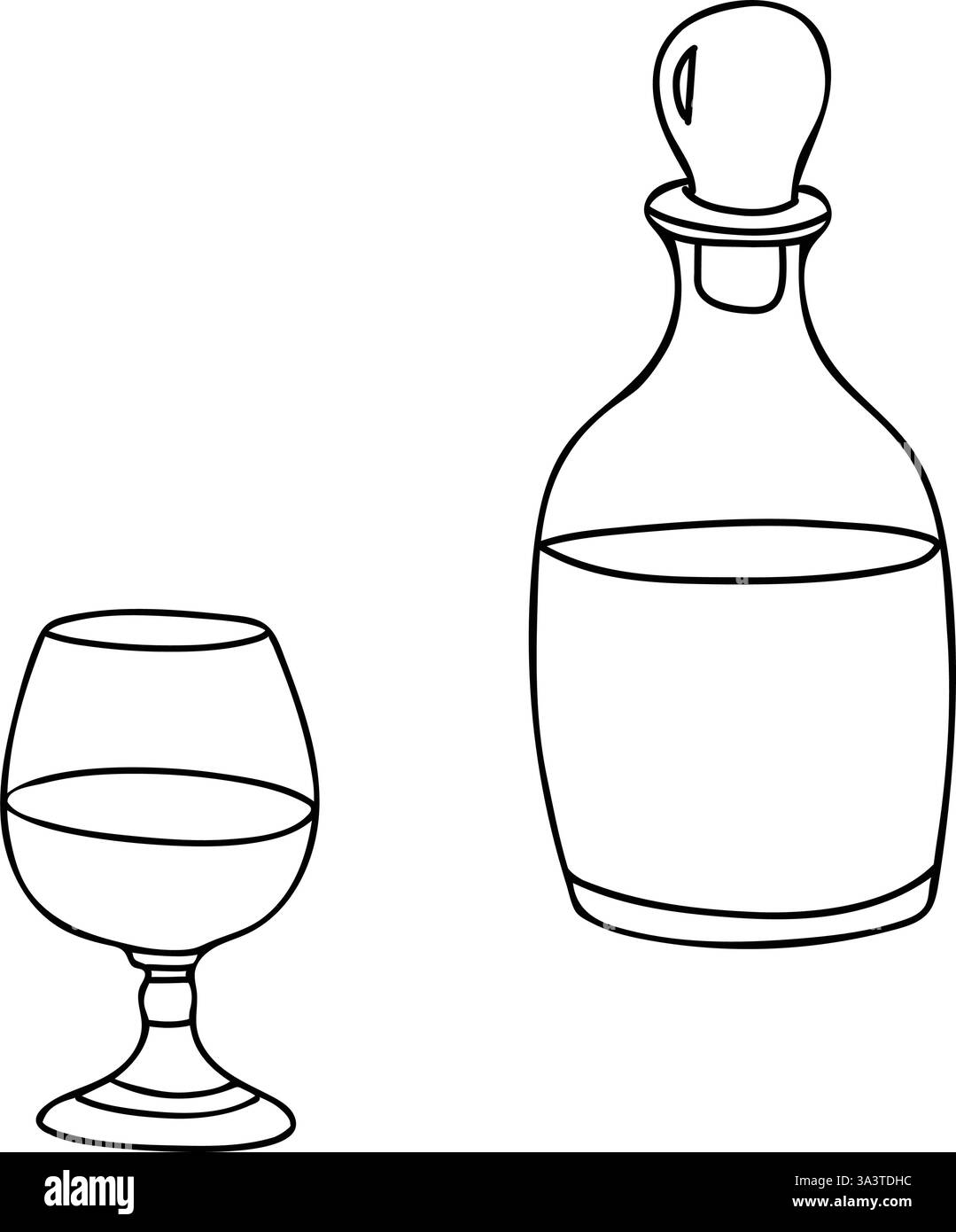 Ensemble carafe ou carafe de Cognac et verre. Illustration vectorielle dessinée à la main dans le style Doodle isolé sur un fond. Un noir et blanc minimaliste simple Illustration de Vecteur