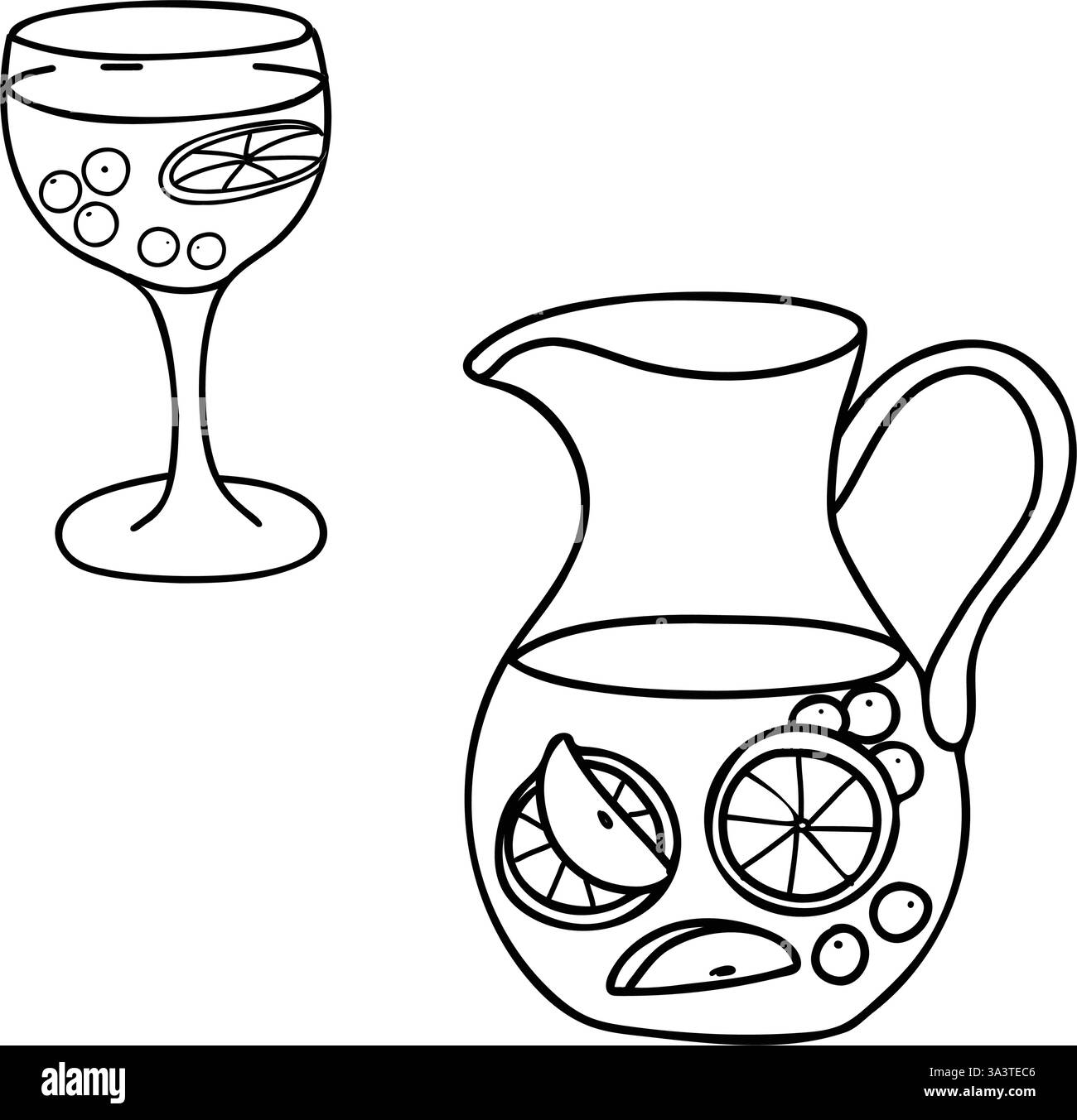 Verre à cocktail sangria et pichet ou pichet. Boisson rafraîchissante d'été avec orange et divers fruits et baies. Illustration vectorielle dessinée à la main de Illustration de Vecteur