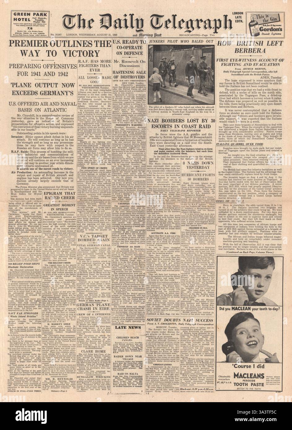 1940 front page Daily Telegraph Churchill discours décrit preperations pour "la victoire finale" Banque D'Images